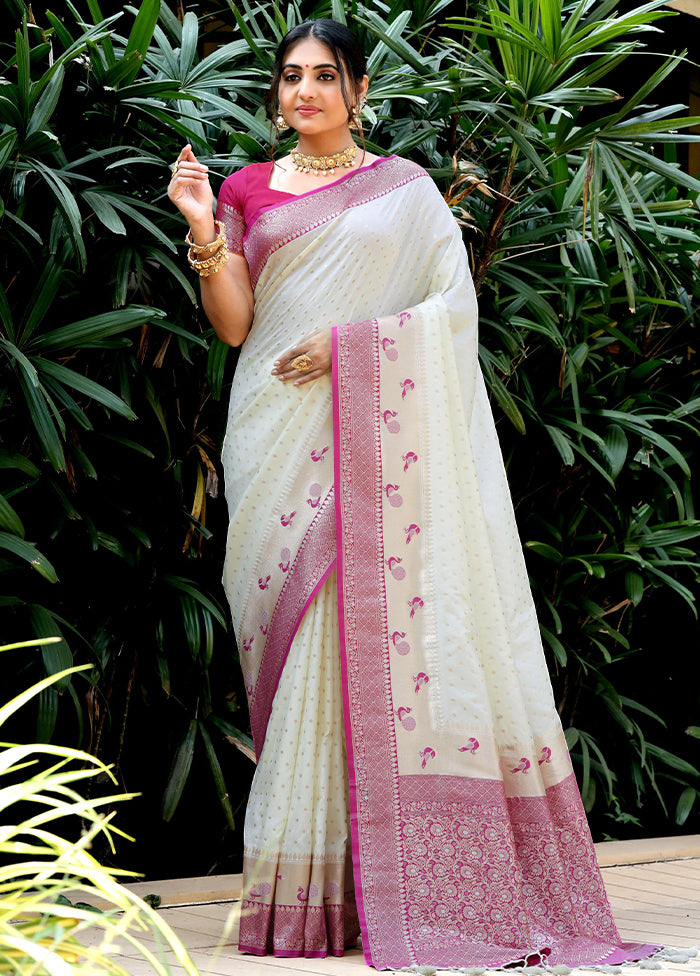 White Dupion Silk Saree With Blouse Piece