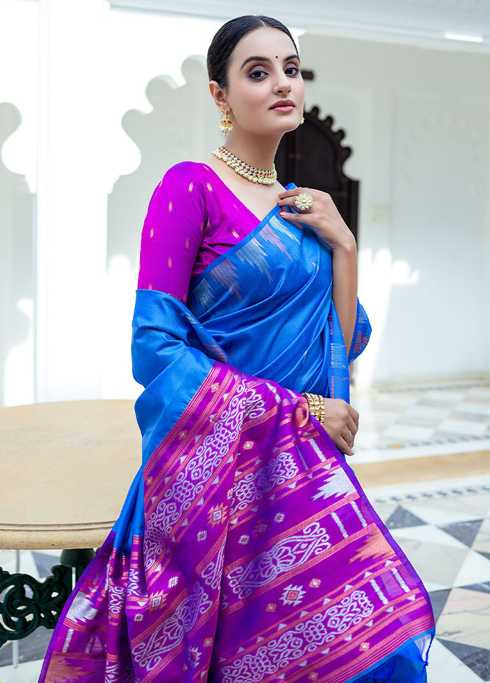 Blue Dupion Silk Saree With Blouse Piece