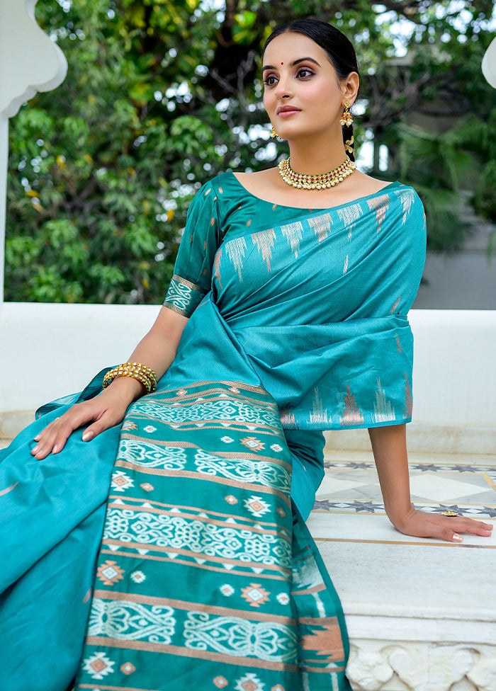 Blue Dupion Silk Saree With Blouse Piece