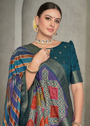 Blue Dupion Silk Saree With Blouse Piece