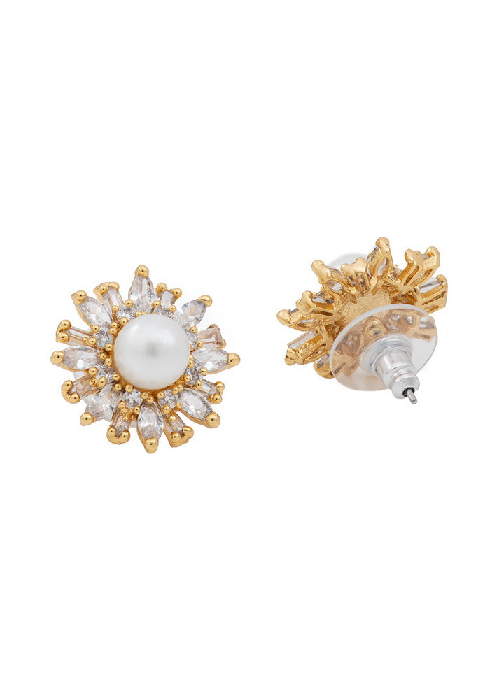 Estele 24 Kt Gold Plated Brass American Diamond and Baguettes Pearl Flower Stud Earrings for Girls