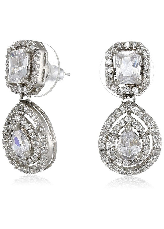 Estele Non Precious Metal Rhodium Plated American Diamond Radiant Pear Halo Drop Earrings For Girls