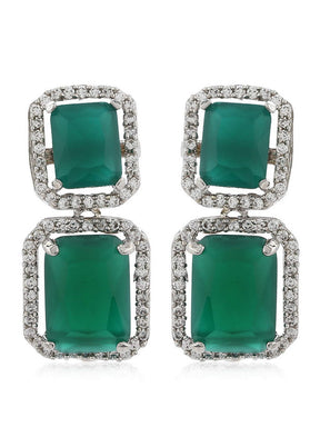 Estele Rhodium Plated Brass American Diamond Radiant Emerald CZ Drop Earrings for Women