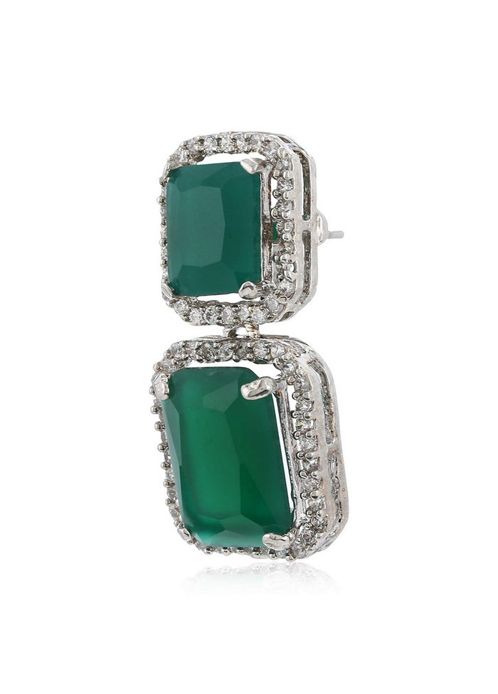 Estele Rhodium Plated Brass American Diamond Radiant Emerald CZ Drop Earrings for Women