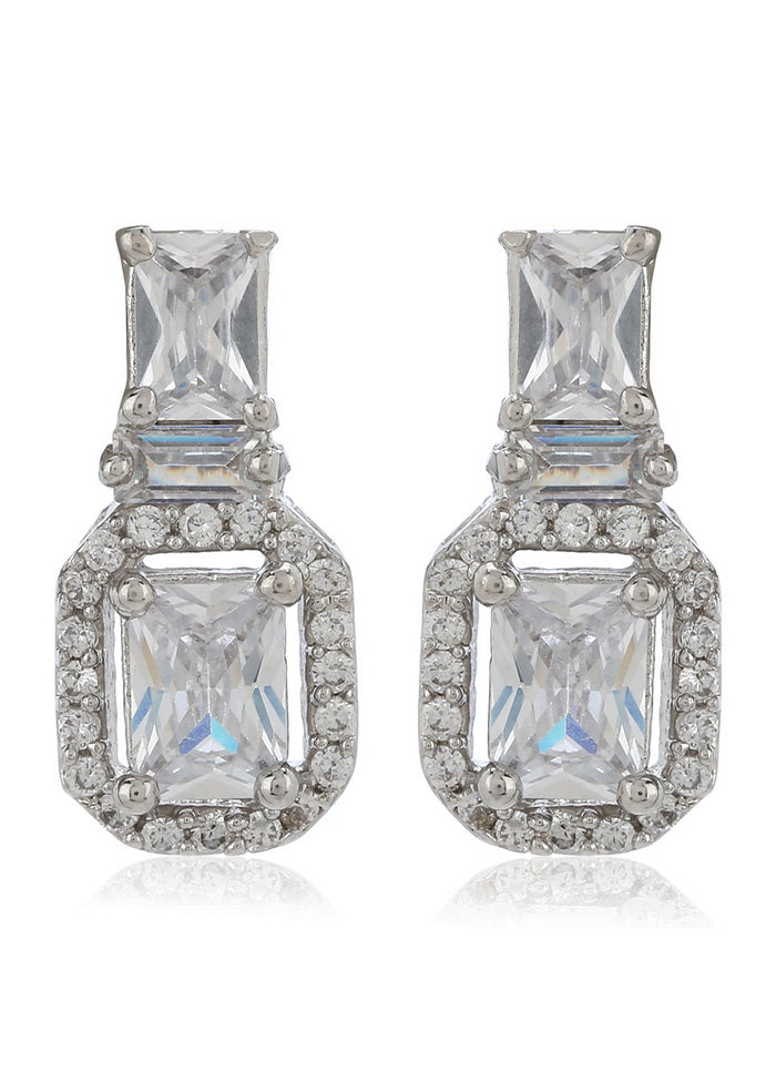 Estele Rhodium Plated American Diamond CZ Diamond Halo Drop Earrings