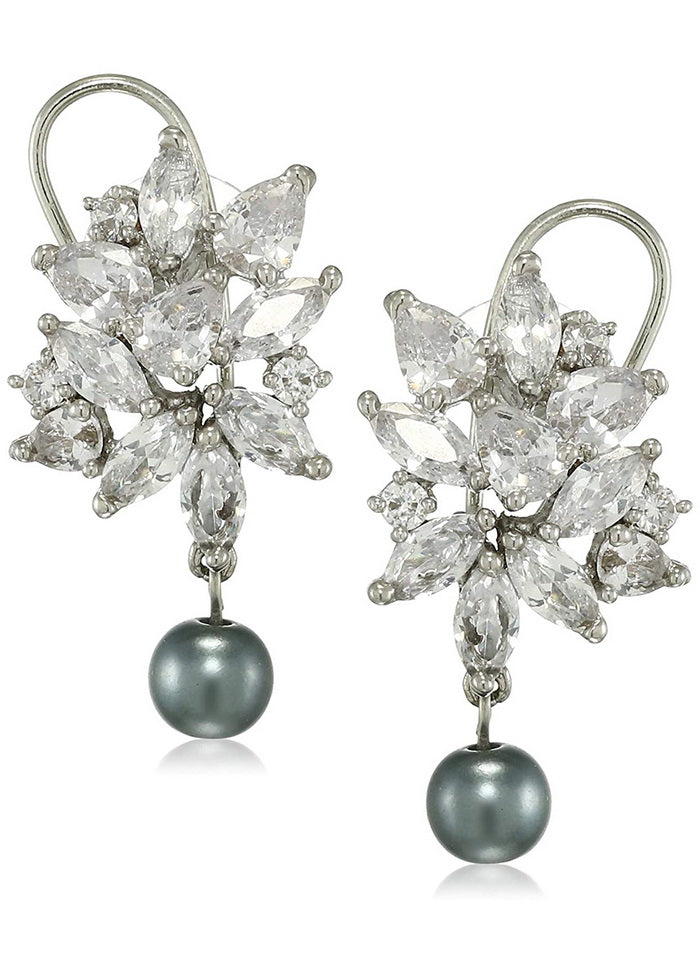 Estele Brass Rhodium Plated American Diamond Pear Marquise cluster Grey Pearl Girls Drop Earrings