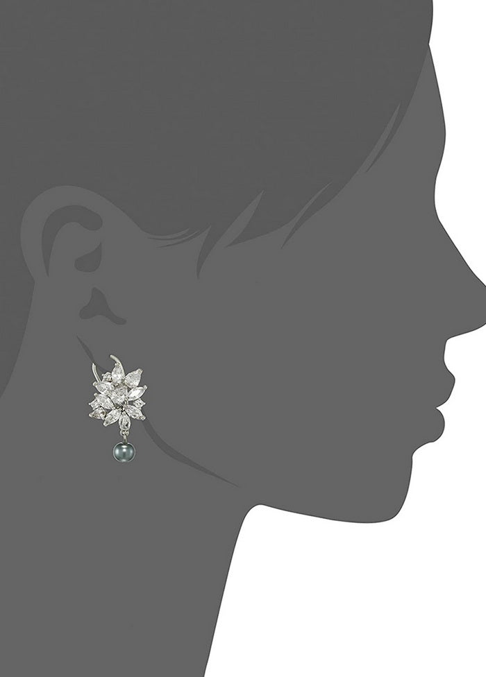 Estele Brass Rhodium Plated American Diamond Pear Marquise cluster Grey Pearl Girls Drop Earrings