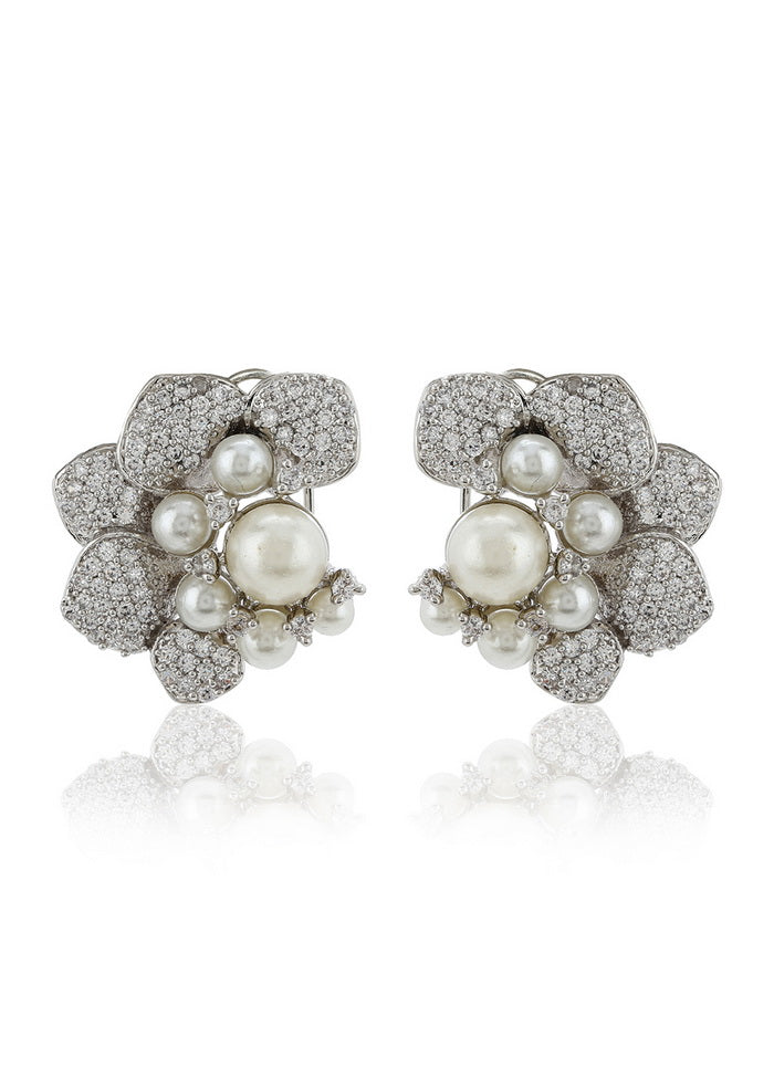 Estele Latest Design Stylish Crystal Pearl Silver Plated Earrings for Women
