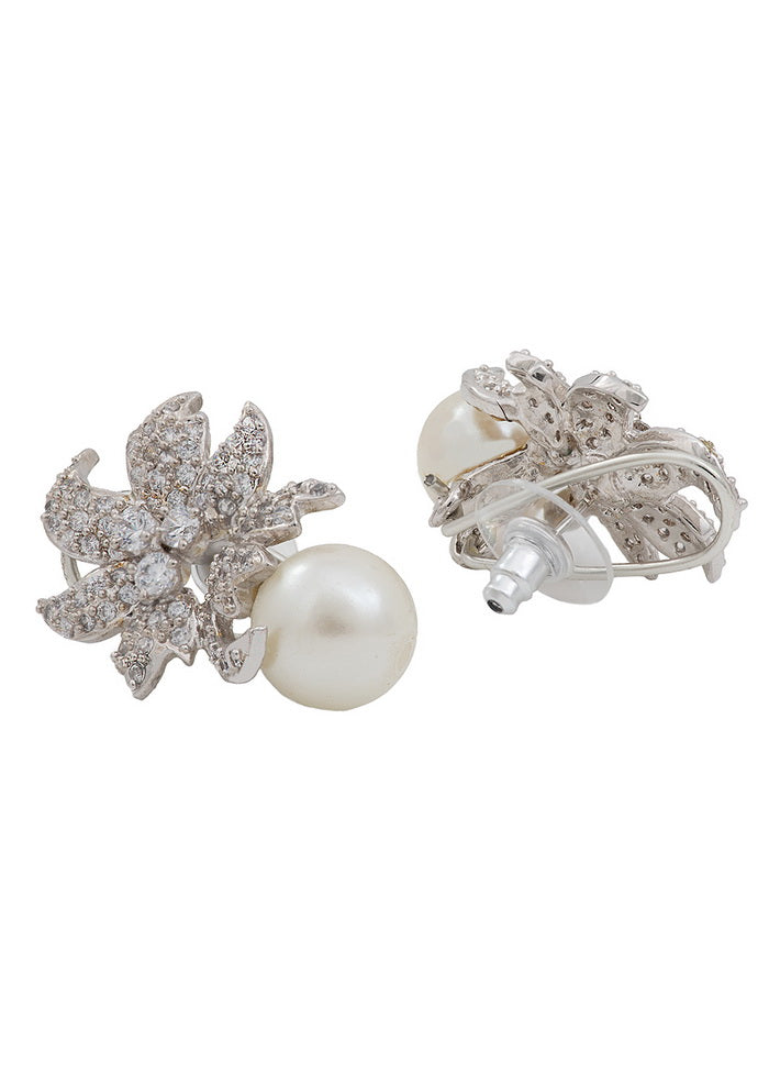 Estele Brass Rhodium Plated American Diamond Bell flower Golden Pearl Stud Earrings For Girls