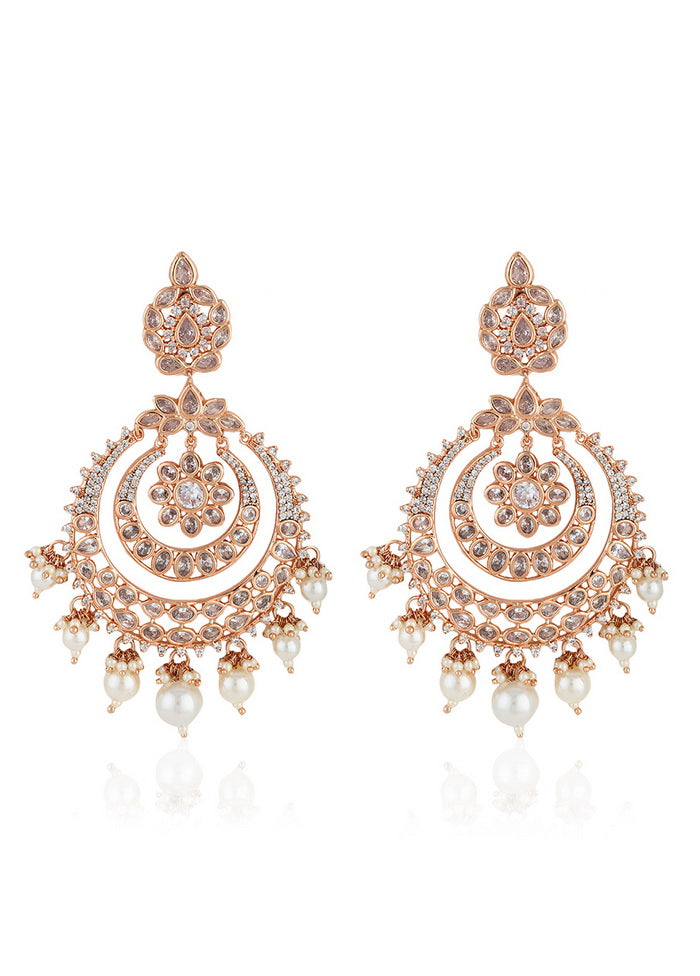 Estele Non Precious Metal 24Kt Rose Gold Plated Fancy Earrings With American Diamond Stone and Pearl