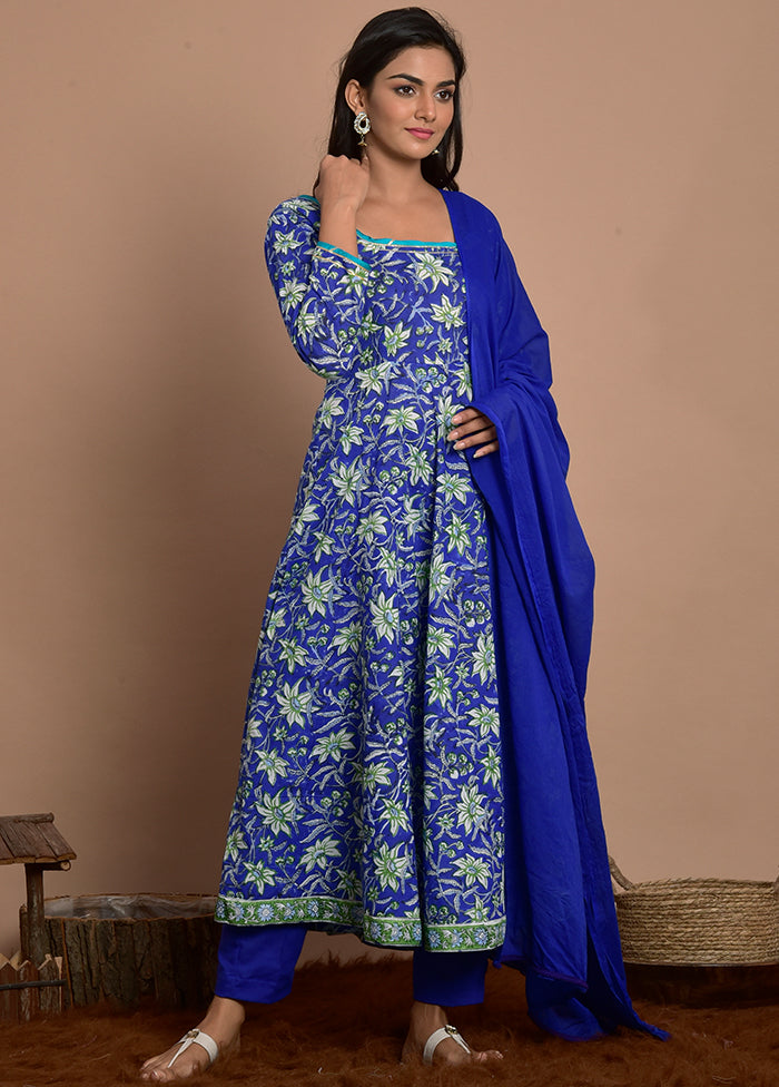 3 Pc Blue Cotton Suit Set With Dupatta