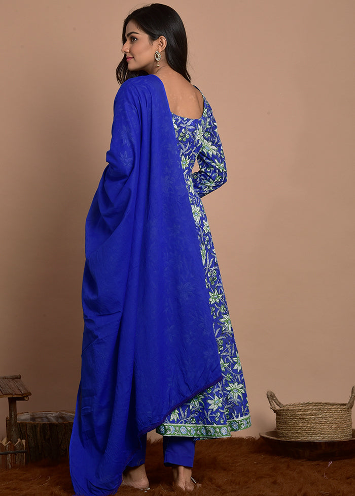 3 Pc Blue Cotton Suit Set With Dupatta