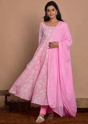 3 Pc Pink Cotton Suit Set With Dupatta