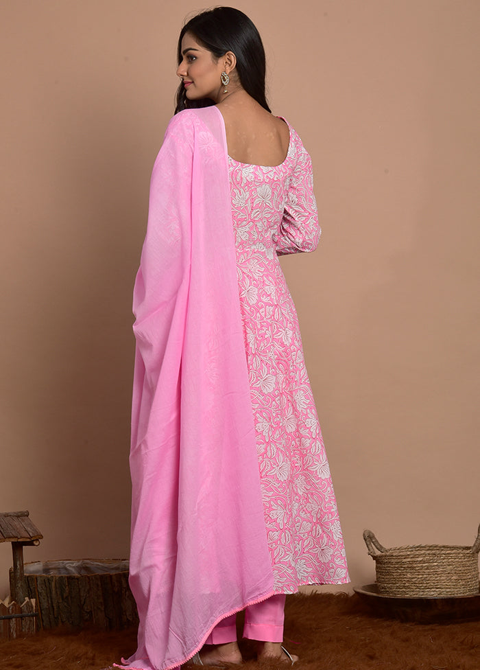 3 Pc Pink Cotton Suit Set With Dupatta