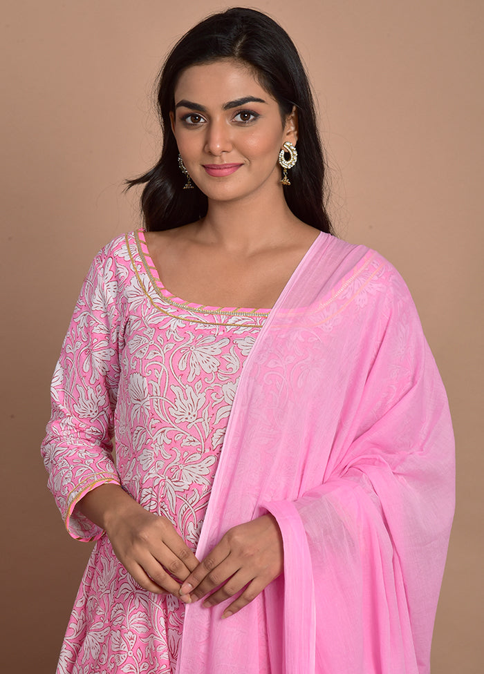 3 Pc Pink Cotton Suit Set With Dupatta