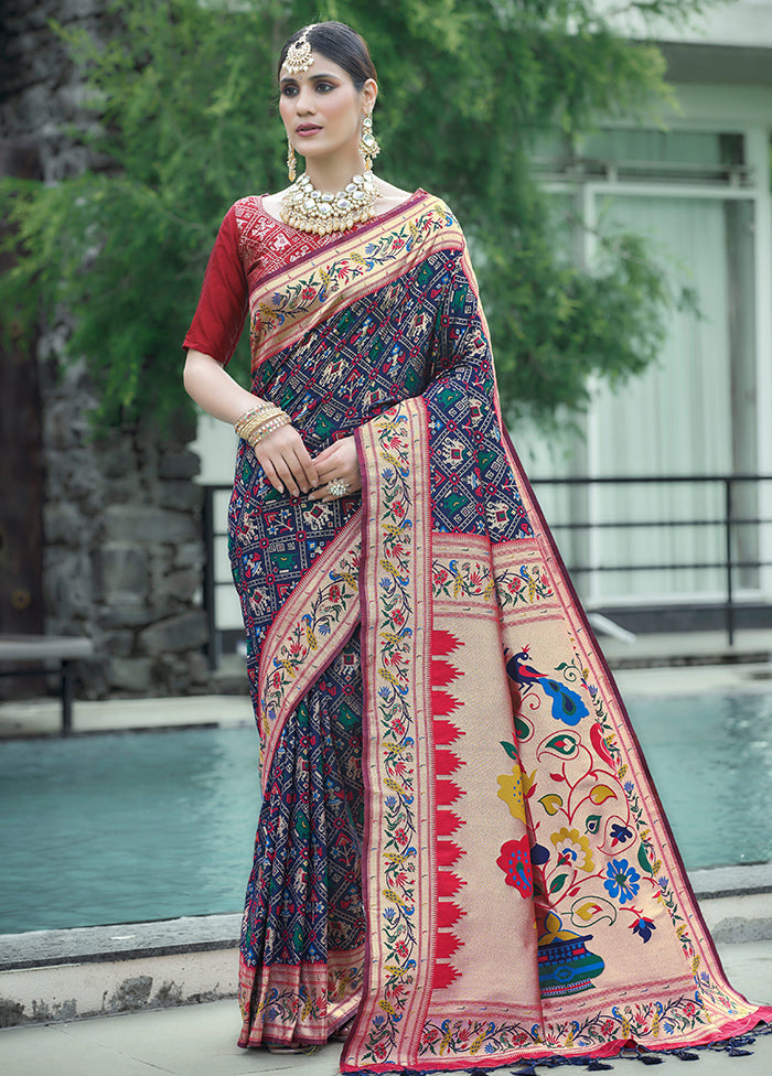 Navy Blue Dupion Silk Saree With Blouse Piece