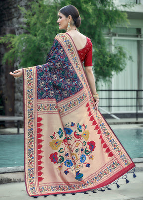 Navy Blue Dupion Silk Saree With Blouse Piece