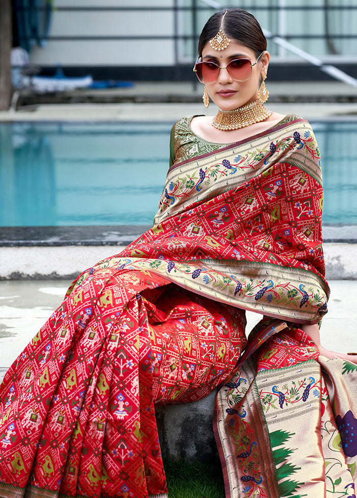 Red Dupion Silk Saree With Blouse Piece