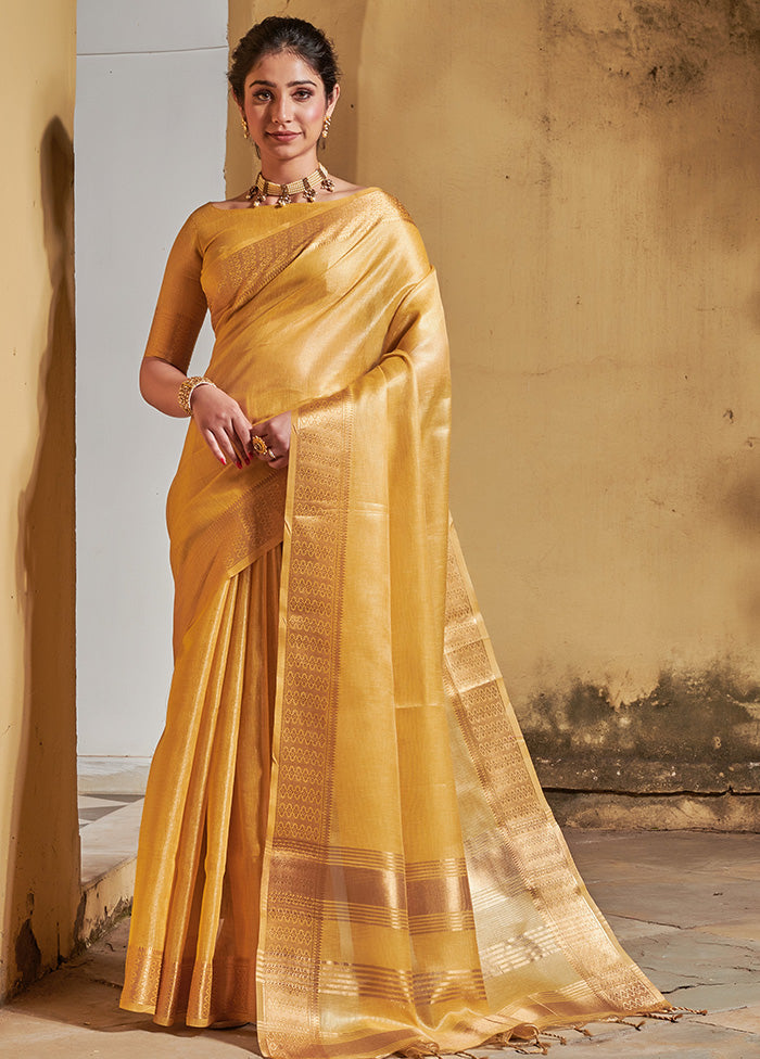 Yellow Linen Silk Saree With Blouse Piece