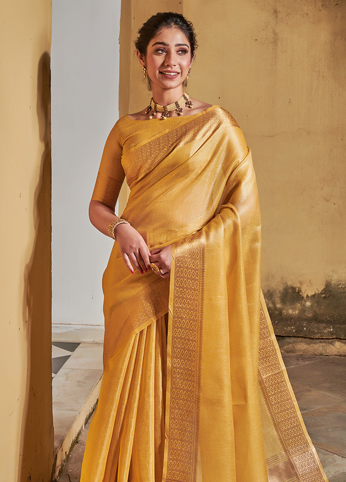 Yellow Linen Silk Saree With Blouse Piece