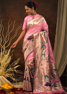 Baby Pink Spun Silk Saree With Blouse Piece