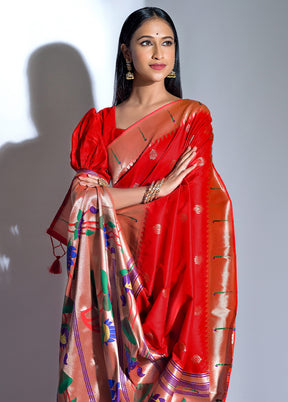 Red Dupion Silk Saree With Blouse Piece