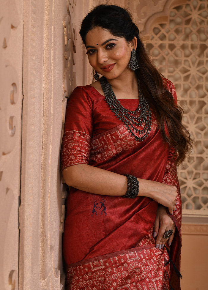 Red Dupion Silk Saree With Blouse Piece