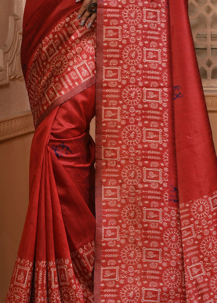 Red Dupion Silk Saree With Blouse Piece