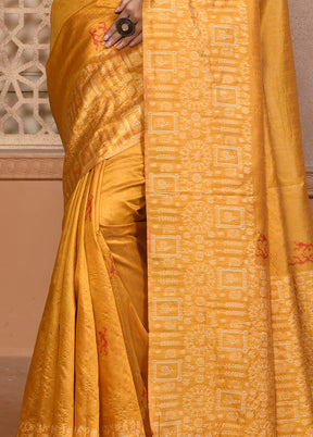 Yellow Dupion Silk Saree With Blouse Piece