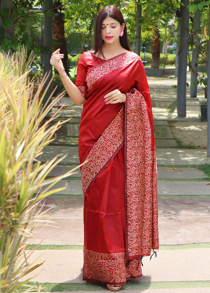 Red Dupion Silk Saree With Blouse Piece