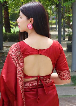 Red Dupion Silk Saree With Blouse Piece