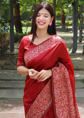 Red Dupion Silk Saree With Blouse Piece