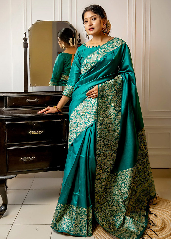 Teal Dupion Silk Saree With Blouse Piece