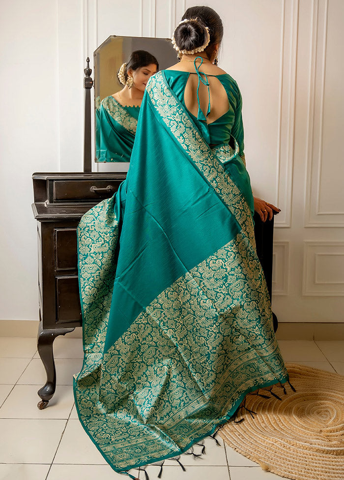 Teal Dupion Silk Saree With Blouse Piece