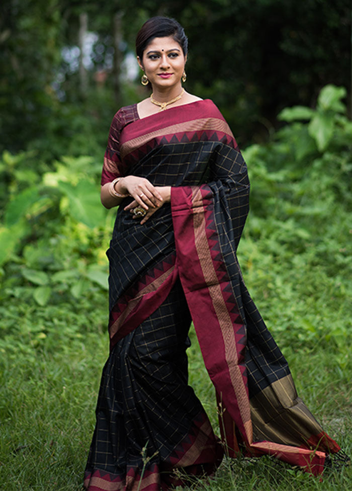 Black Spun Silk Saree With Blouse Piece