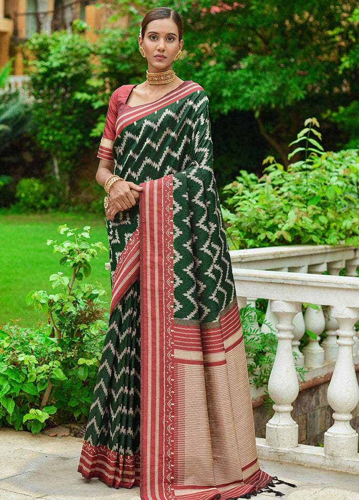 Bottle Green Dupion Silk Saree With Blouse Piece