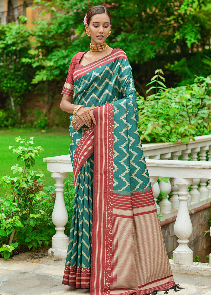 Teal Dupion Silk Saree With Blouse Piece