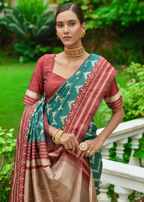 Teal Dupion Silk Saree With Blouse Piece