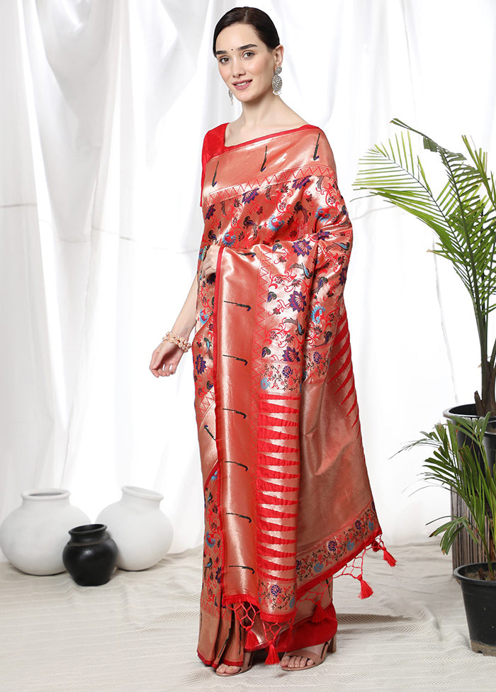 Red Dupion Silk Saree With Blouse Piece