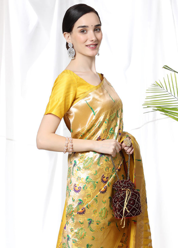 Yellow Dupion Silk Saree With Blouse Piece