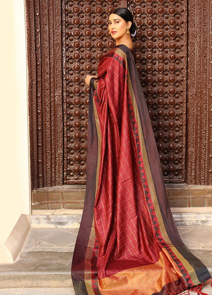 Maroon Spun Silk Saree With Blouse Piece