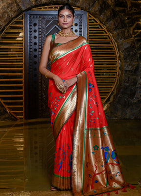 Red Dupion Silk Saree With Blouse Piece