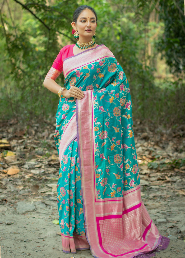 Teal Dupion Silk Saree With Blouse Piece