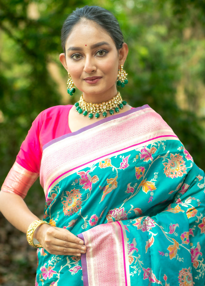 Teal Dupion Silk Saree With Blouse Piece