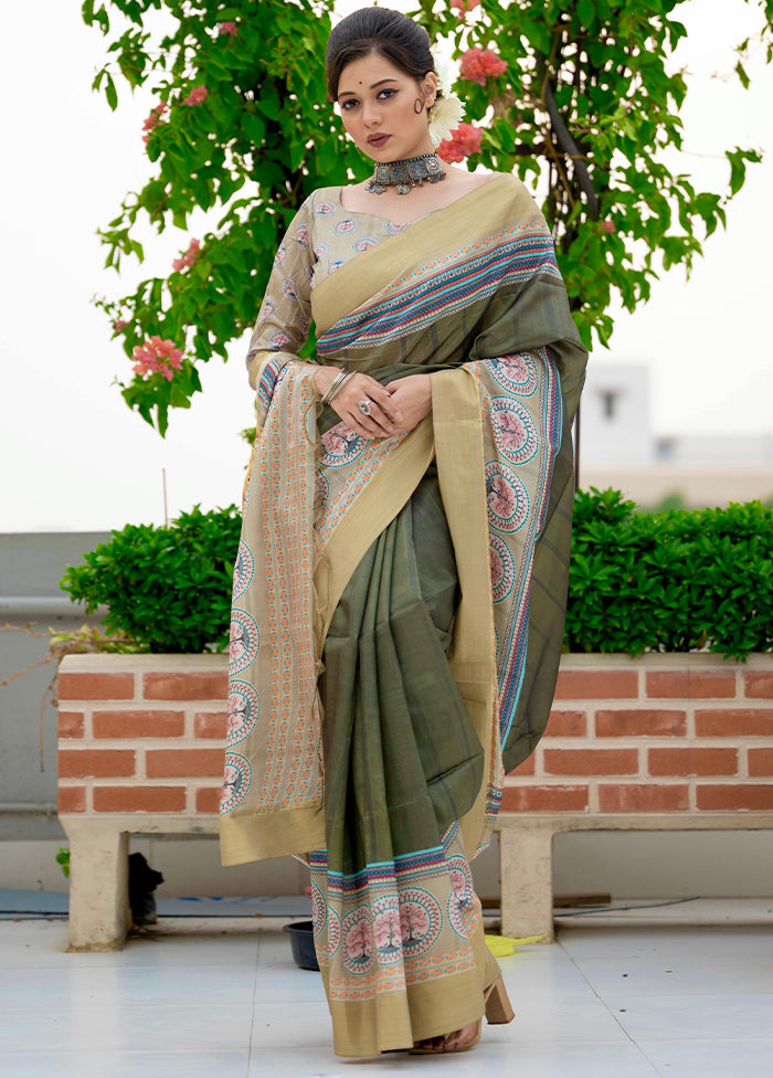 Olive Green Dupion Silk Saree With Blouse Piece
