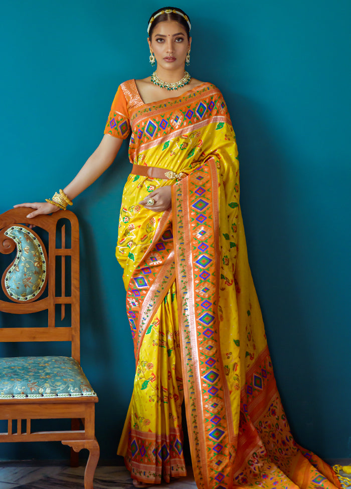 Yellow Dupion Silk Saree With Blouse Piece