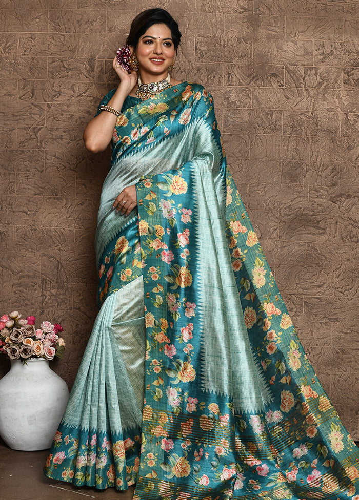 Turquoise Dupion Silk Saree With Blouse Piece