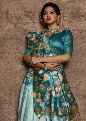 Turquoise Dupion Silk Saree With Blouse Piece