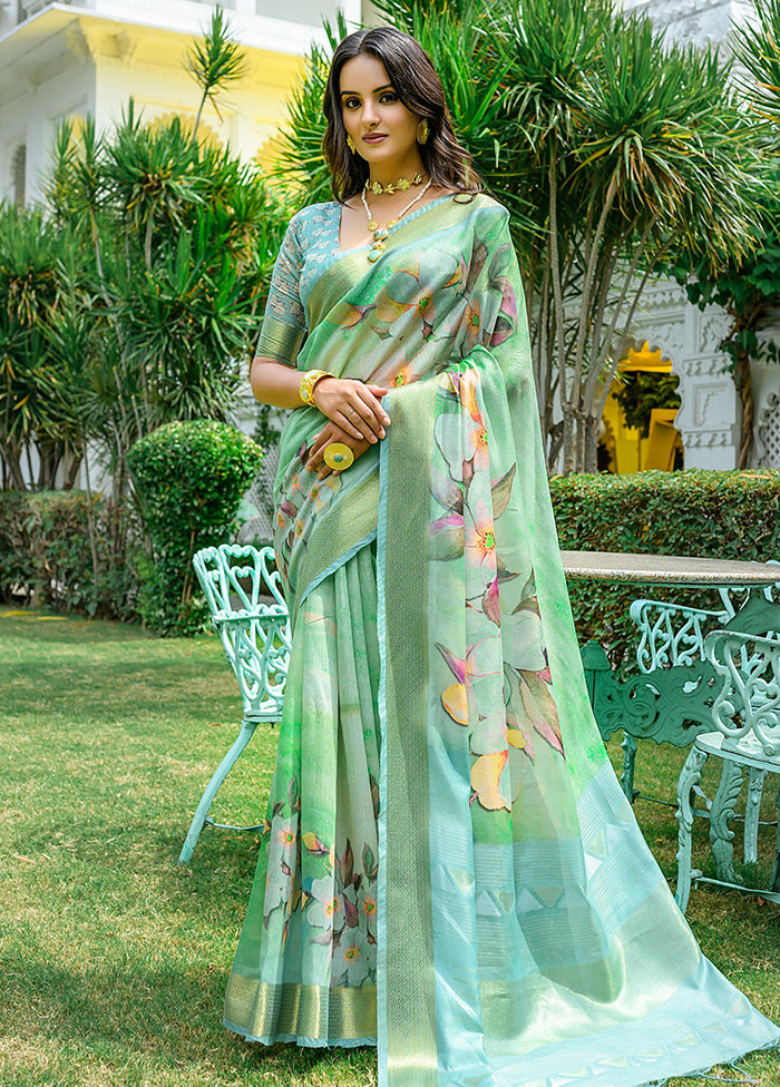 Pista Green Cotton Saree With Blouse Piece