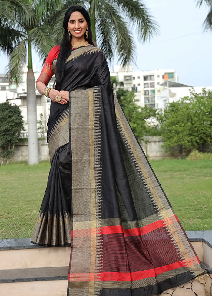 Black Spun Silk Saree With Blouse Piece